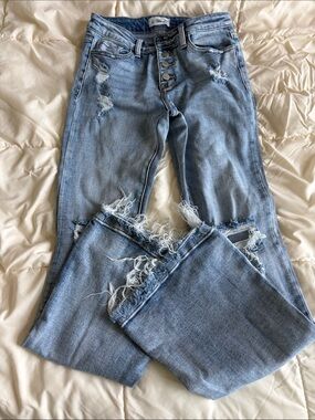 Light Blue Distressed Flare Jeans with Frayed Hem by Unbranded